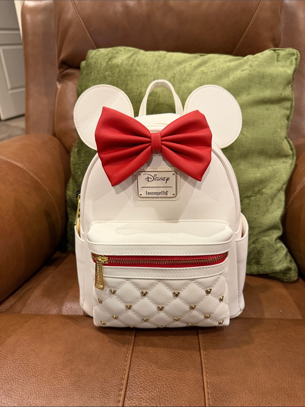 Loungefly White Minnie Ear Mini Backpack with Red Bow Accent